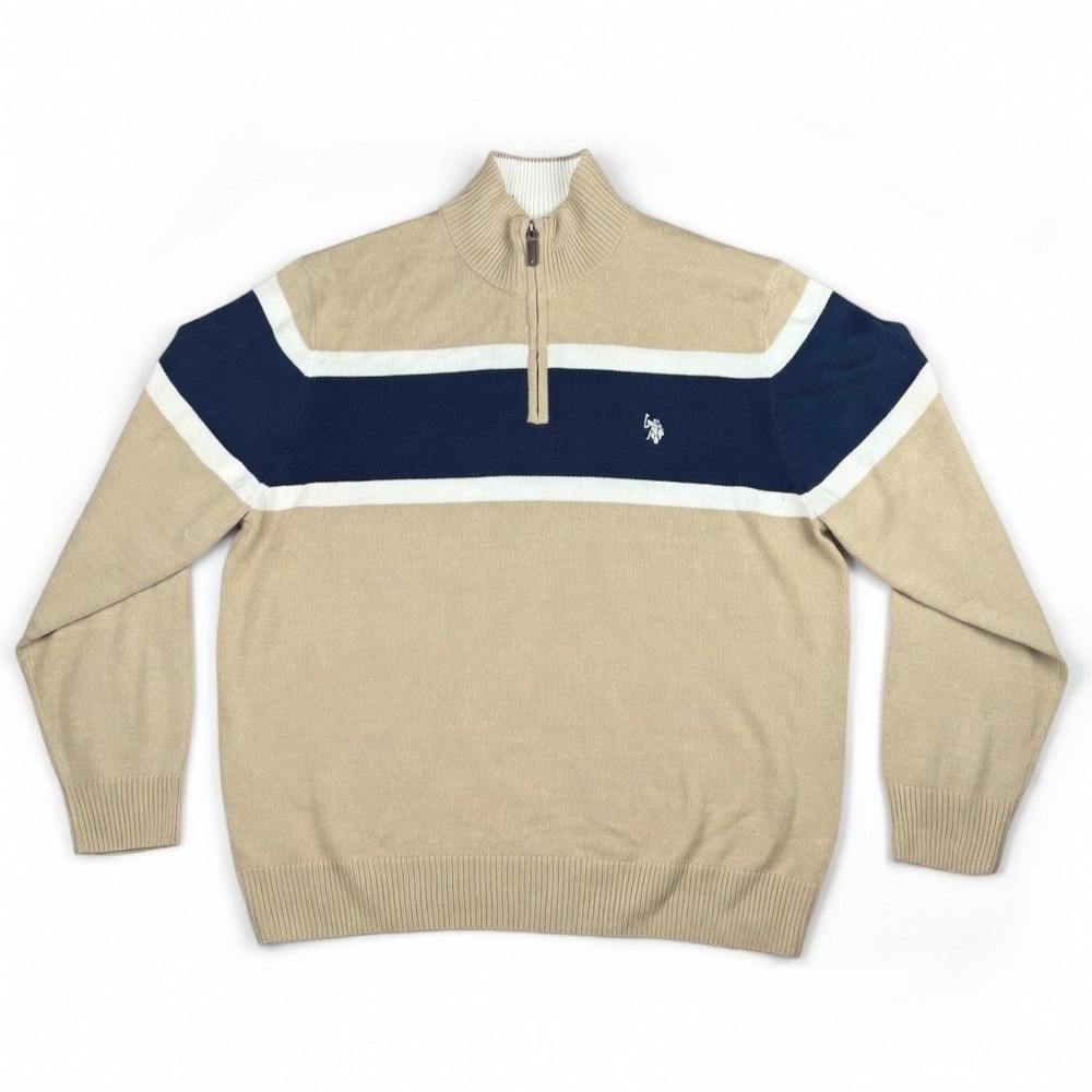 US Polo Assn Men's XL Acrylic 1/4 Zip Sweater Tan Blue White Stripe Logo